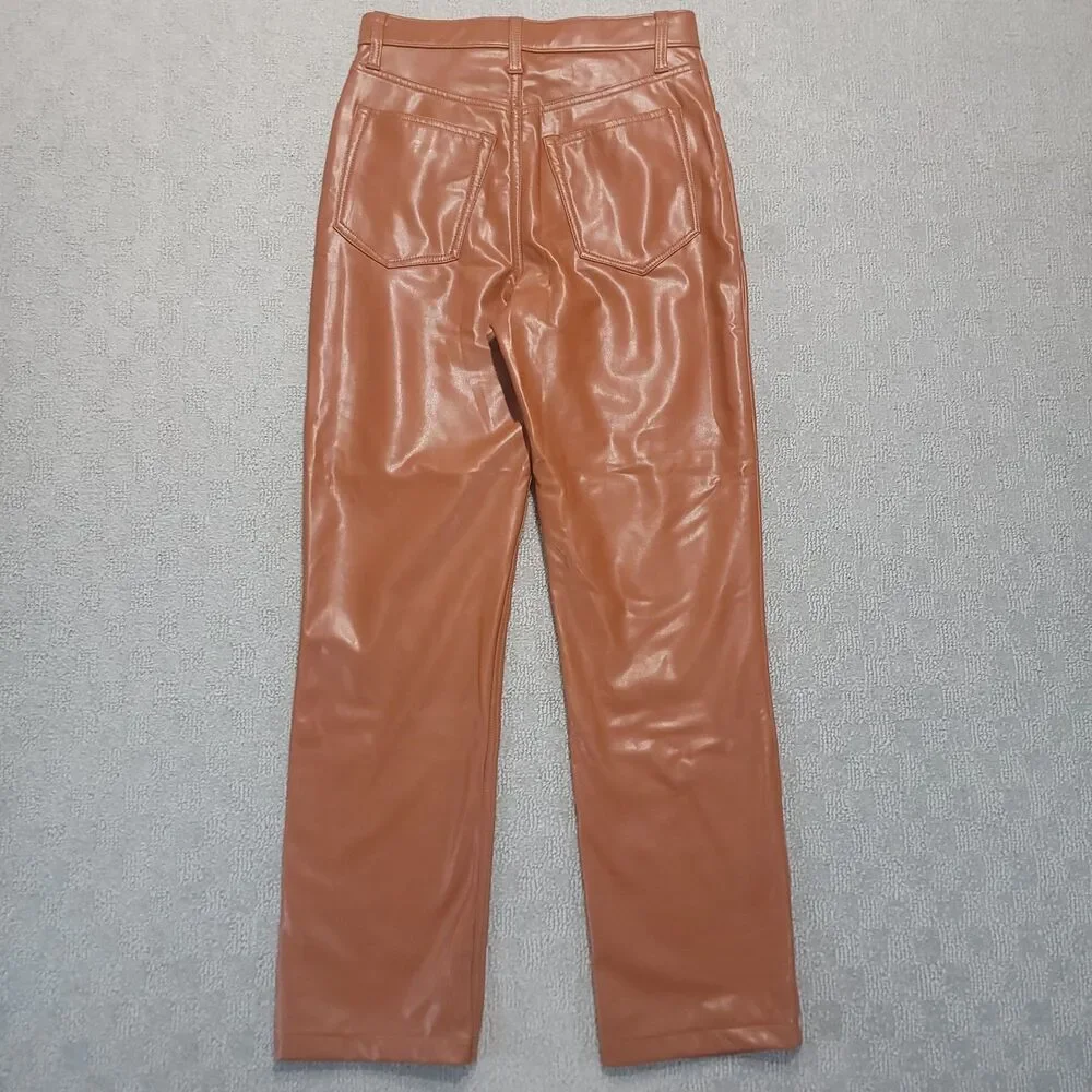 Abercrombie Fitch 90s Ultra High Rise Straight Faux Leather Pants Women 27 Brown